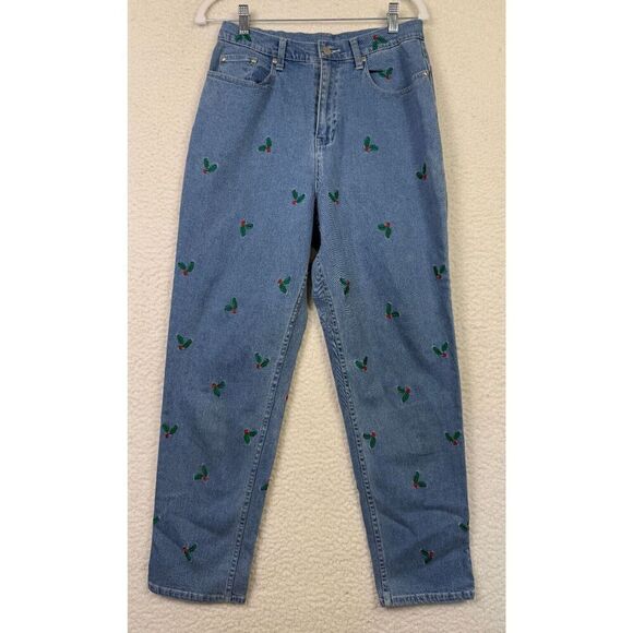 Quacker Factory Jeans Womens Medium Blue Embroider Holly Mistletoe Mom Denim 10 - Picture 1 of 7